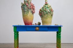 Darwin’s Rumpus Fest, Glazed stoneware, acrylic paint, found table, 4ft x 2.5ft x 5ft, 2025